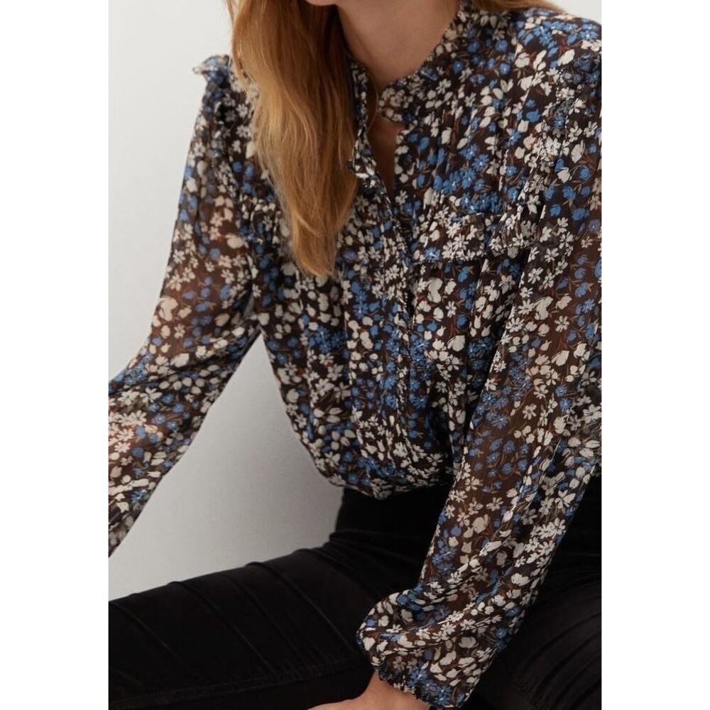 Mango Brown Blue & White Floral Ruffled Long Sleeve Blouse Preppy Summer | Sz 4 - Picture 2 of 12